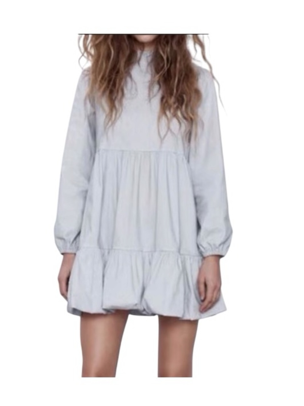 Zara Tiered Dress Light Gray Women’s Medium Long Sleeve Flowy Oversized Dress